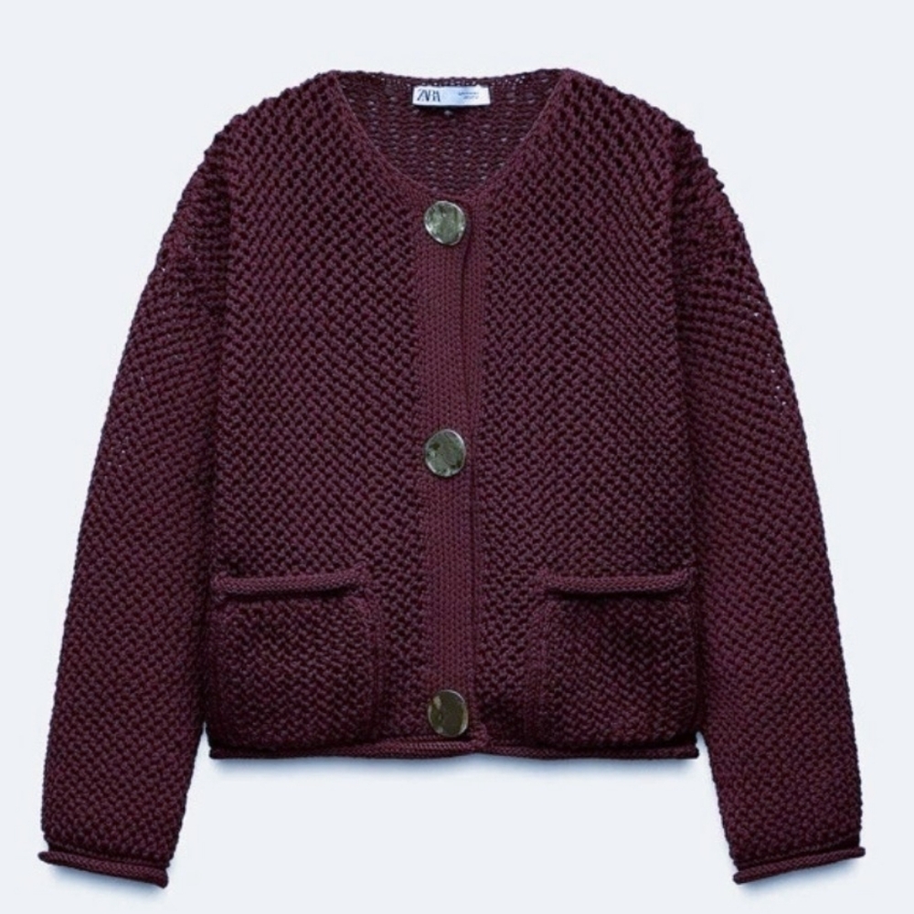 Zara Chunky Knit Cardigan Sweater Eggplant Purple Goldtone Buttons Small